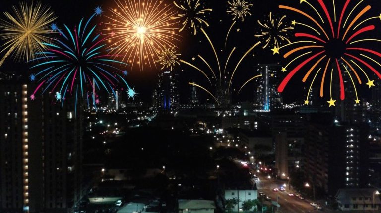 Illustrated fireworks over Honolulu at night